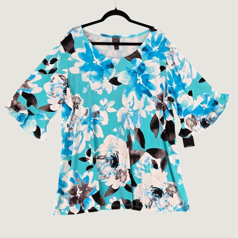 Clara Sun Woo NEW 3X Tulip Cuff Tunic Floral Petal Top Blouse Jersey Vibrant Blu